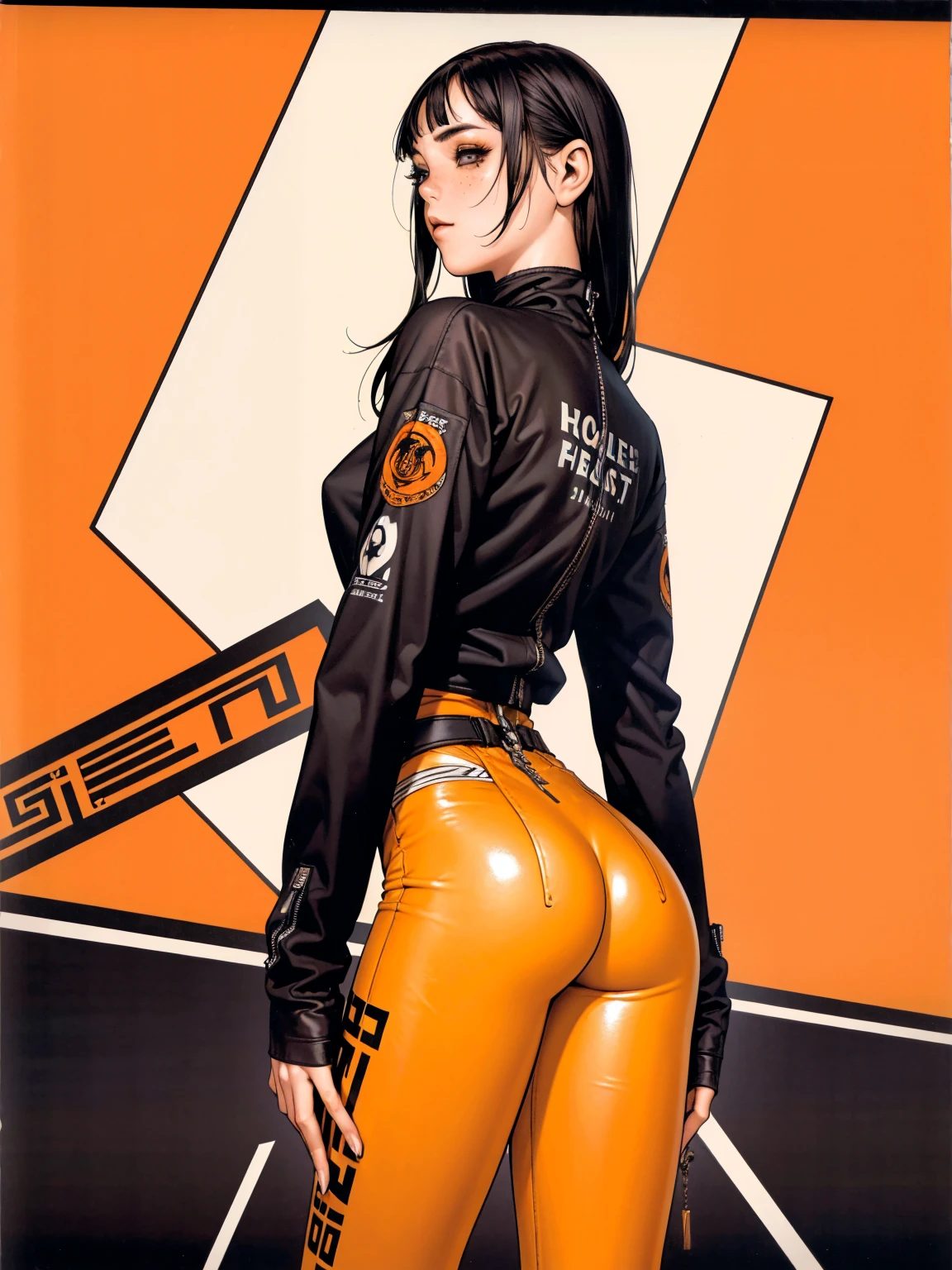 (((best qualityer))), (((manga strokes))), (((Cabelos laranja))), (((freckles))), (((perfect ass))), uma Kizi jovem muito bem vestida com roupas modernas de inverno, pants with red and black zig-zag pattern, top gift vertical stripes, short jacket with dark fur collar, beautiful and expressive face, slightly-smile, big eyes with long black eyelashes, heavy make-up, chains and zippers spread across clothes, contrasting colours, pose de atitude, hair with a modern and futuristic cut, urban game poster art, dramatic camera angles, graffiti art elements in the background, design mixing contemporary and retro by Shepard Fairey, (((cowboy shot))), (((best qualityer: 1.4))), (Unbeatable masterpiece), (hiper HD),(CG 8k hyper-realistic), Kizi, (((standing alone))), pirralha violent, (((14歳))), sexly, pose de atitude, work of art, post-apocalypse, (((manga style))), bounty hunter, violent, Manic, the way you want, slenderbody, thin but strong, perfectbody, roupa moderna, advanced technology, neon, sleeves with vertical striped pattern, neutral background, (( cowboy shot )). intricate visual