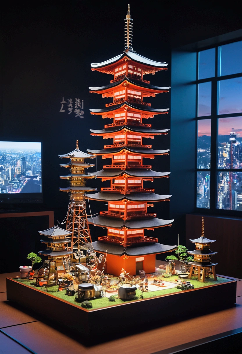 Japanese style、Tower、Bon dance(Futuristic cybernetic Rube Goldberg machine in the center of the image:1.2)Placed in a detailed still life scene in a diorama、high tech、distinct、Cinematic、Anime influences、ultra modern、Sharp Focus、Wide-angle lens、landscape