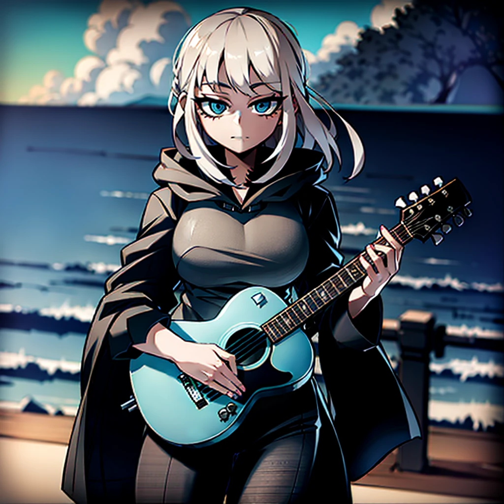dusk,White hair girl,Wearing a black shirt,The hood covered her face,One hand holding a guitar,Facing the sea。