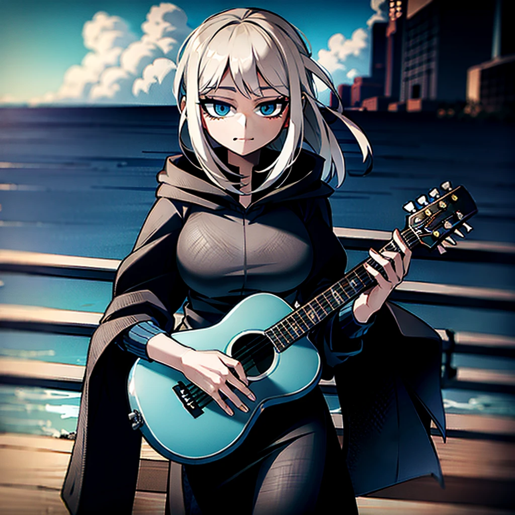 dusk,White hair girl,Wearing a black shirt,The hood covered her face,One hand holding a guitar,Facing the sea。