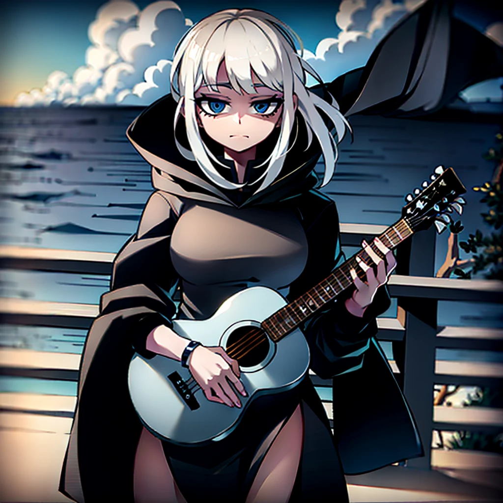 dusk,White hair girl,Wearing a black shirt,The hood covered her face,One hand holding a guitar,Facing the sea。