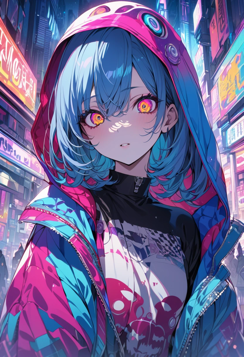 (masterpiece,detailed,High resolution:1.4) , Model shoot, close, detailed face, fine detailed eyes,, (kirishima touka),Blue middle hair,ghoul eyes,Retro Jacket,Tokyo Ghoul,Retrofuturism background, Vibrant colors, High resolution,, ,