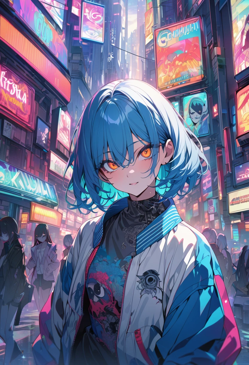 (masterpiece,detailed,High resolution:1.4) , Model shoot, close, detailed face, fine detailed eyes,, (kirishima touka),Blue middle hair,ghoul eyes,Retro Jacket,Tokyo Ghoul,Retrofuturism background, Vibrant colors, High resolution,, ,