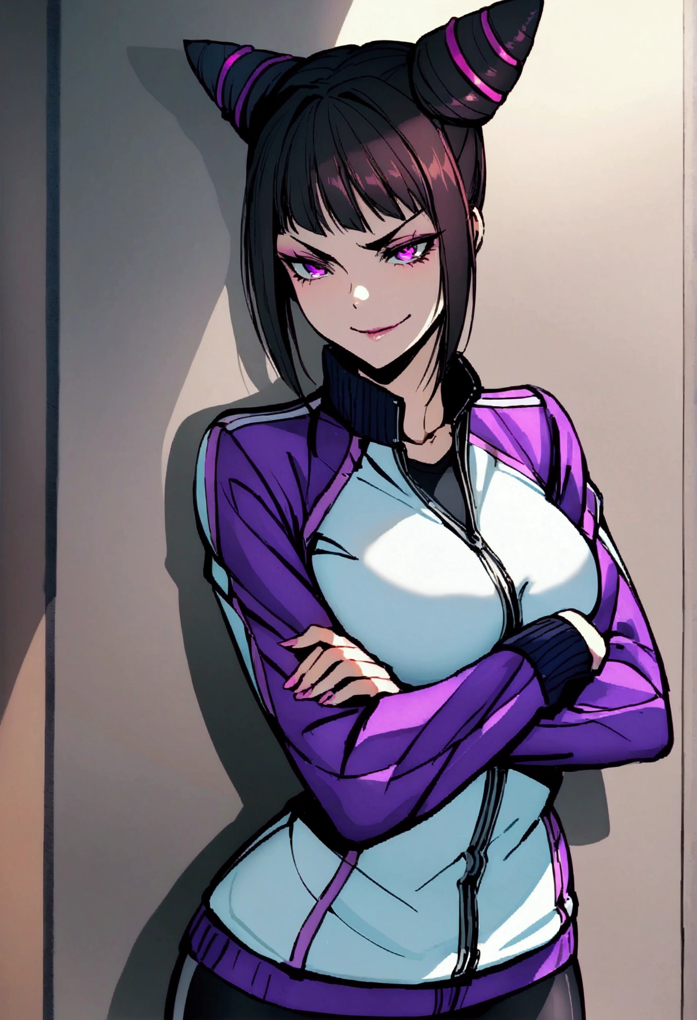 juri han close no rosto,shadow in the eyesbeautiful young fitness woman with , in a gym wearing May with black pantyhose, white and purple fitted gym jacket. standing alone,hair horns,bright purple eyes,Evil smile,legging preto aura roxa,arms crossed eye shadow
