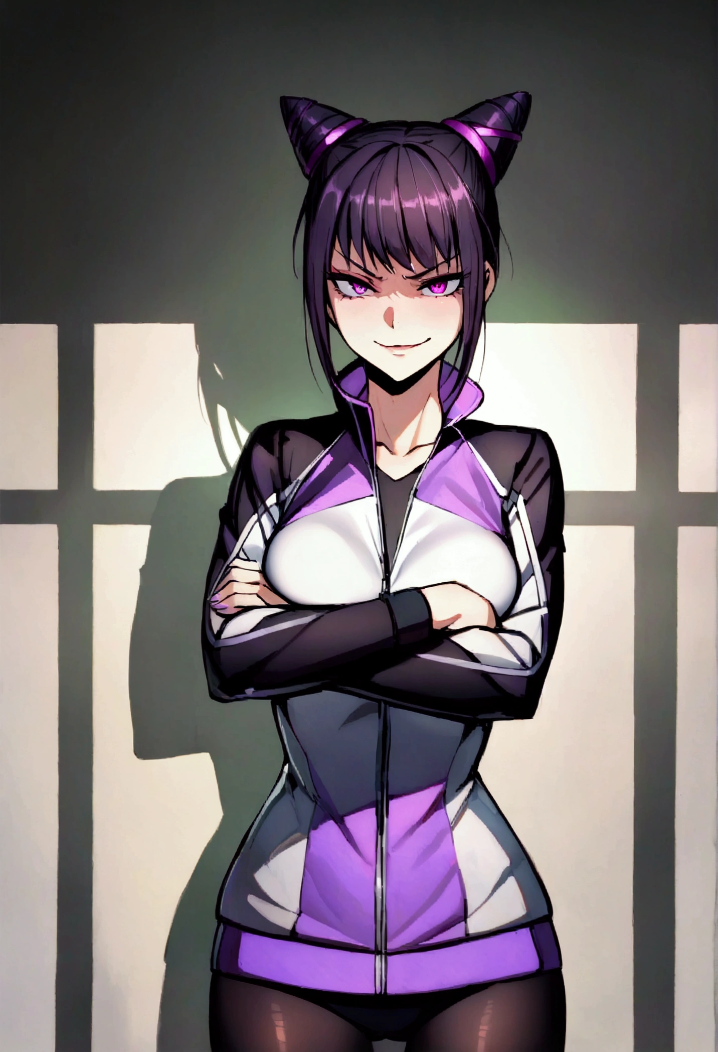 juri han close no rosto,shadow in the eyesbeautiful young fitness woman with , in a gym wearing May with black pantyhose, white and purple fitted gym jacket. standing alone,hair horns,bright purple eyes,Evil smile,legging preto aura roxa,arms crossed eye shadow