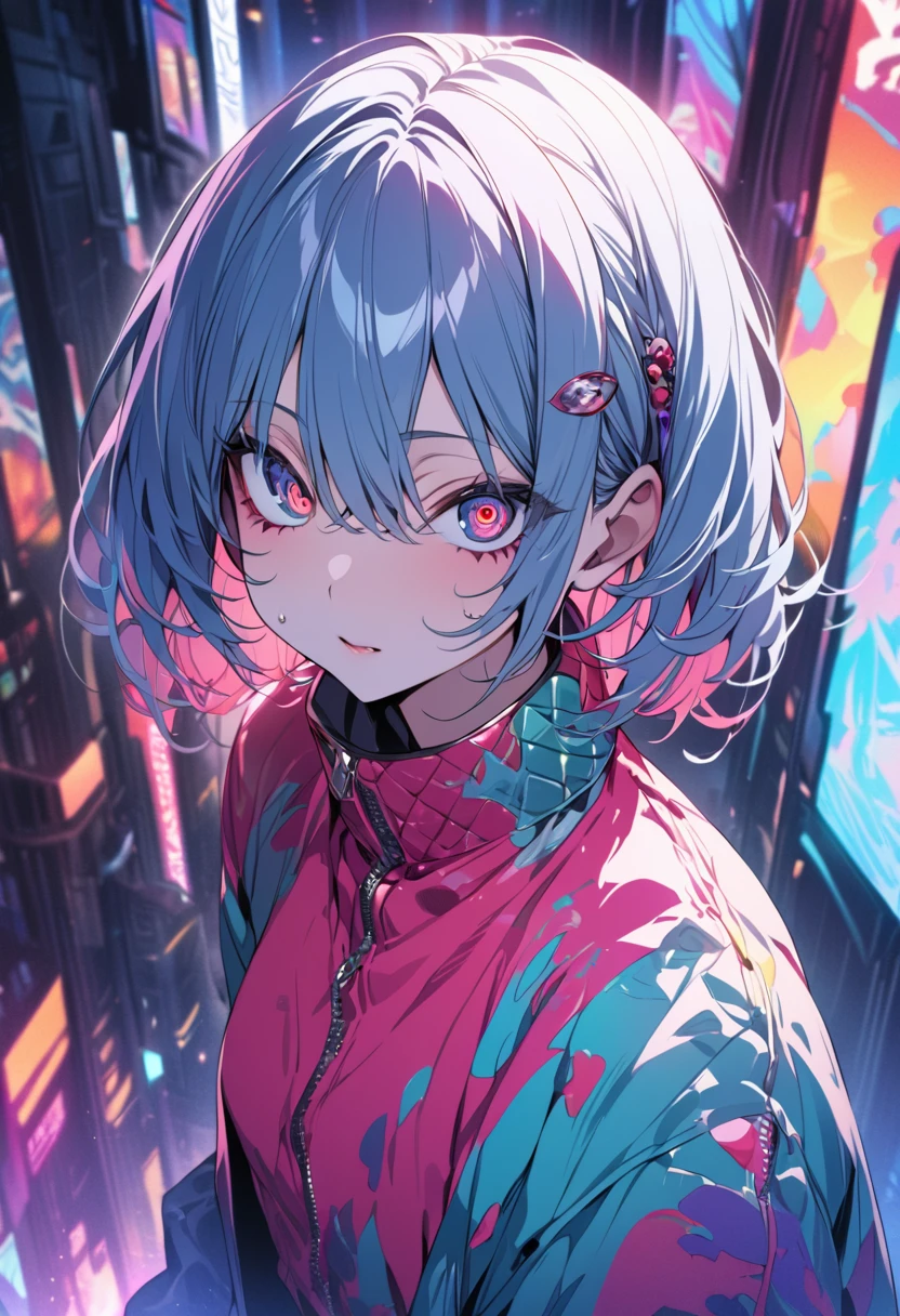 (masterpiece,detailed,High resolution:1.4) , Model shoot, close, detailed face, fine detailed eyes,, (kirishima touka),Blue middle hair,ghoul eyes,Retro Jacket,Tokyo Ghoul,Retrofuturism background, Vibrant colors, High resolution,, ,