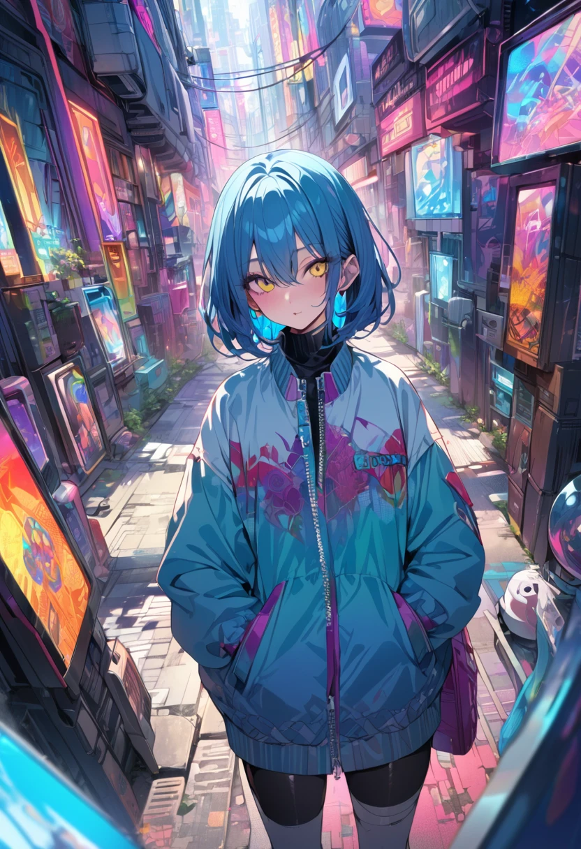 (masterpiece,detailed,High resolution:1.4) , Model shoot, close, detailed face, fine detailed eyes,, (kirishima touka),Blue middle hair,ghoul eyes,Retro Jacket,Tokyo Ghoul,Retrofuturism background, Vibrant colors, High resolution,, ,