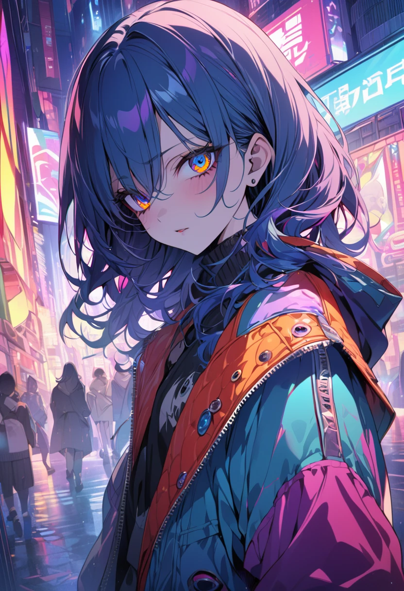 (masterpiece,detailed,High resolution:1.4) , Model shoot, close, detailed face, fine detailed eyes,, (kirishima touka),Blue middle hair,ghoul eyes,Retro Jacket,Tokyo Ghoul,Retrofuturism background, Vibrant colors, High resolution,, , 
