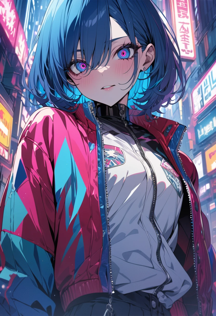 (masterpiece,detailed,High resolution:1.4) , Model shoot, close, detailed face, fine detailed eyes,, (kirishima touka),Blue middle hair,ghoul eyes,Retro Jacket,Tokyo Ghoul,Retrofuturism background, Vibrant colors, High resolution,, ,