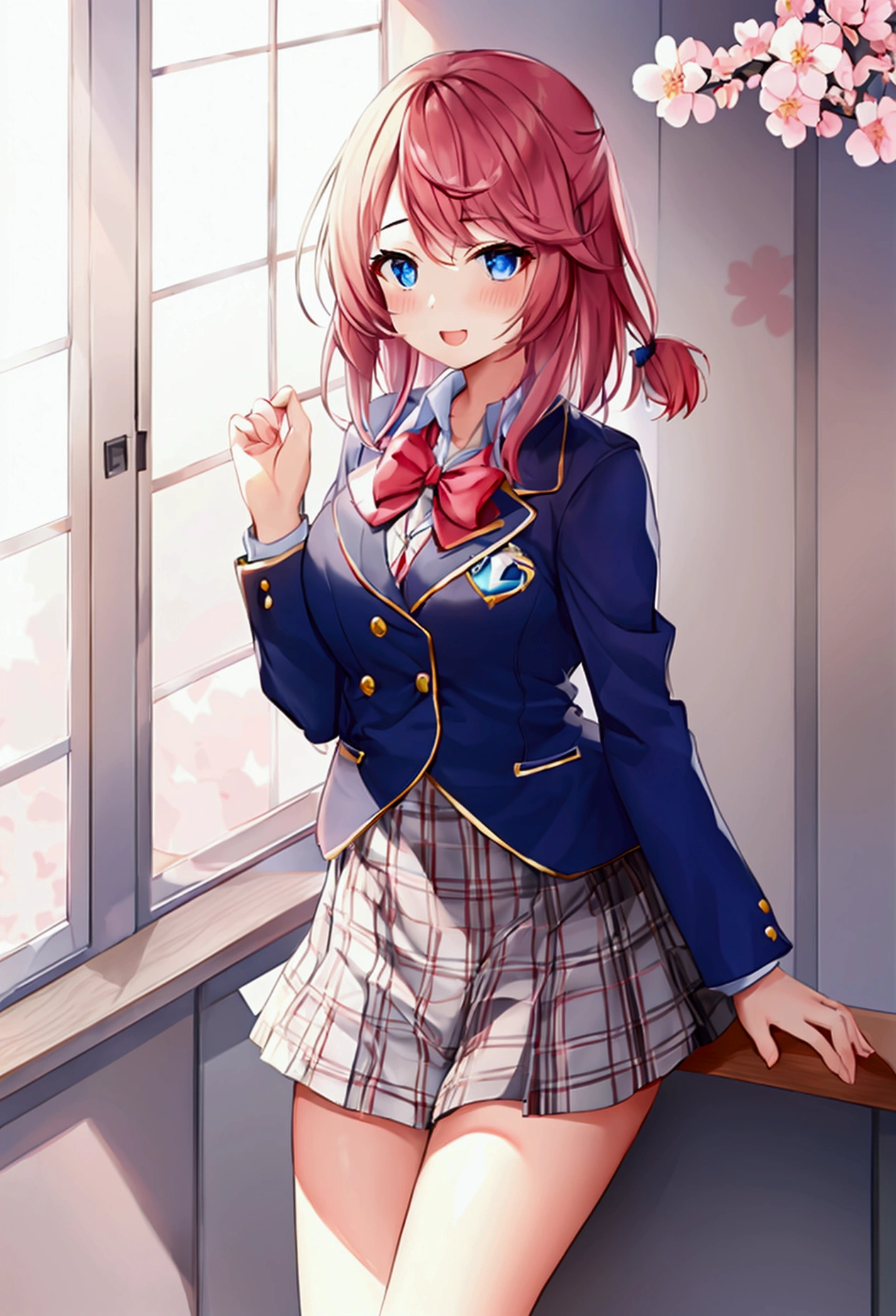 Super fine illustrations、{{solo girl}}、{pretty girl}、full body,(no hat:1.5)、beautiful hair、{winered color hair}、{medium hair}、{sky blue color eyeedium breats}、beautiful eyes、{school uniform},{blazer}、light smile、lushing cheeks、close mouth、cherry blossom sky、{Graduation ceremony}、{8k masterpiece}、intricate details,hires {best quality}、{best detailed glow},{best detailed eyes}