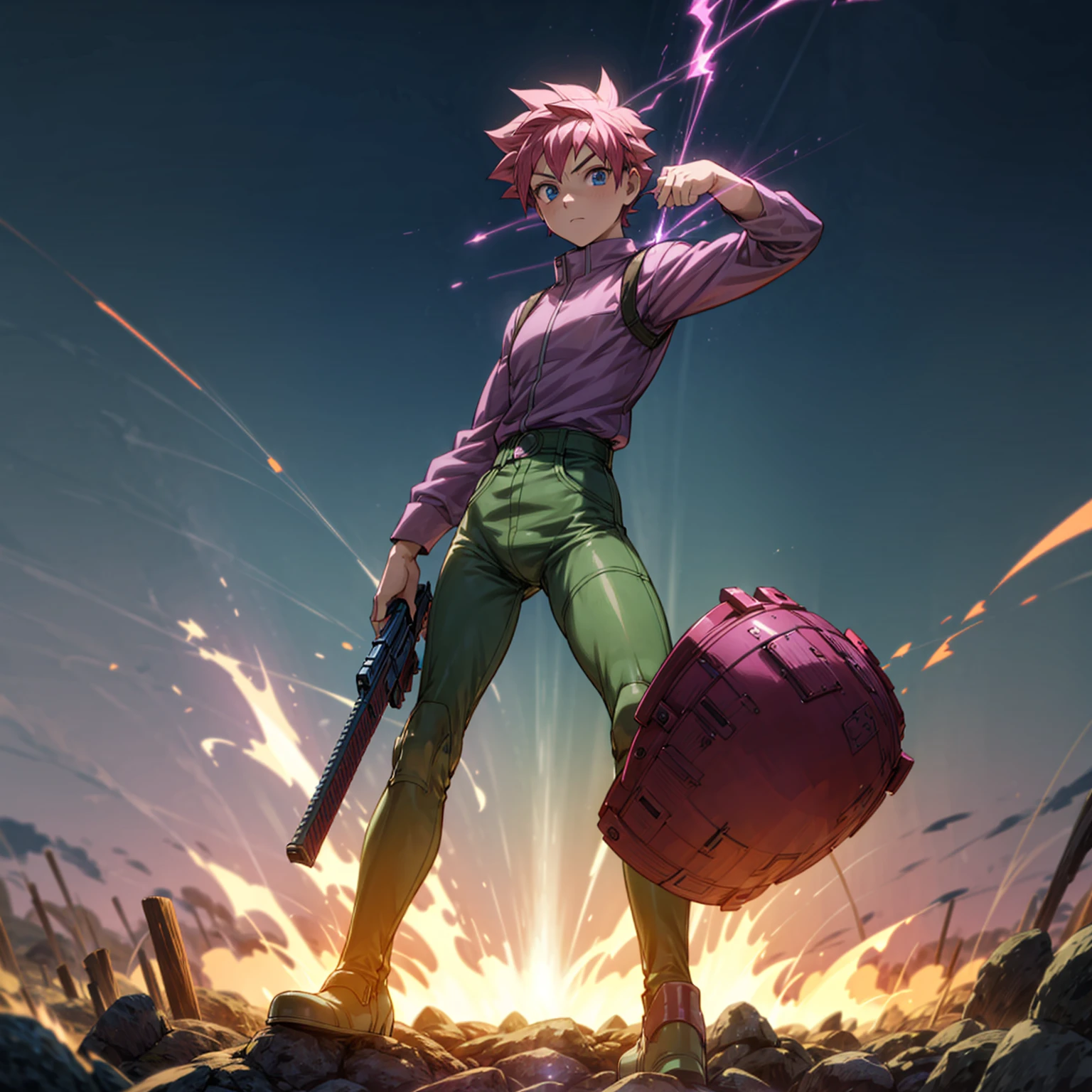 1boy, muscle, Full body version, 1character, blue eyes, short haircut, magenta color hair, Farmer style outfit, Boots, Grassroots, full background in field, motion blur, lighting, (Hunter x Hunter style art), big shotgun in hand, big weapon in hand, robot Shield in hand, smoke effect, fire effect, lighting on gun, plasma effect,