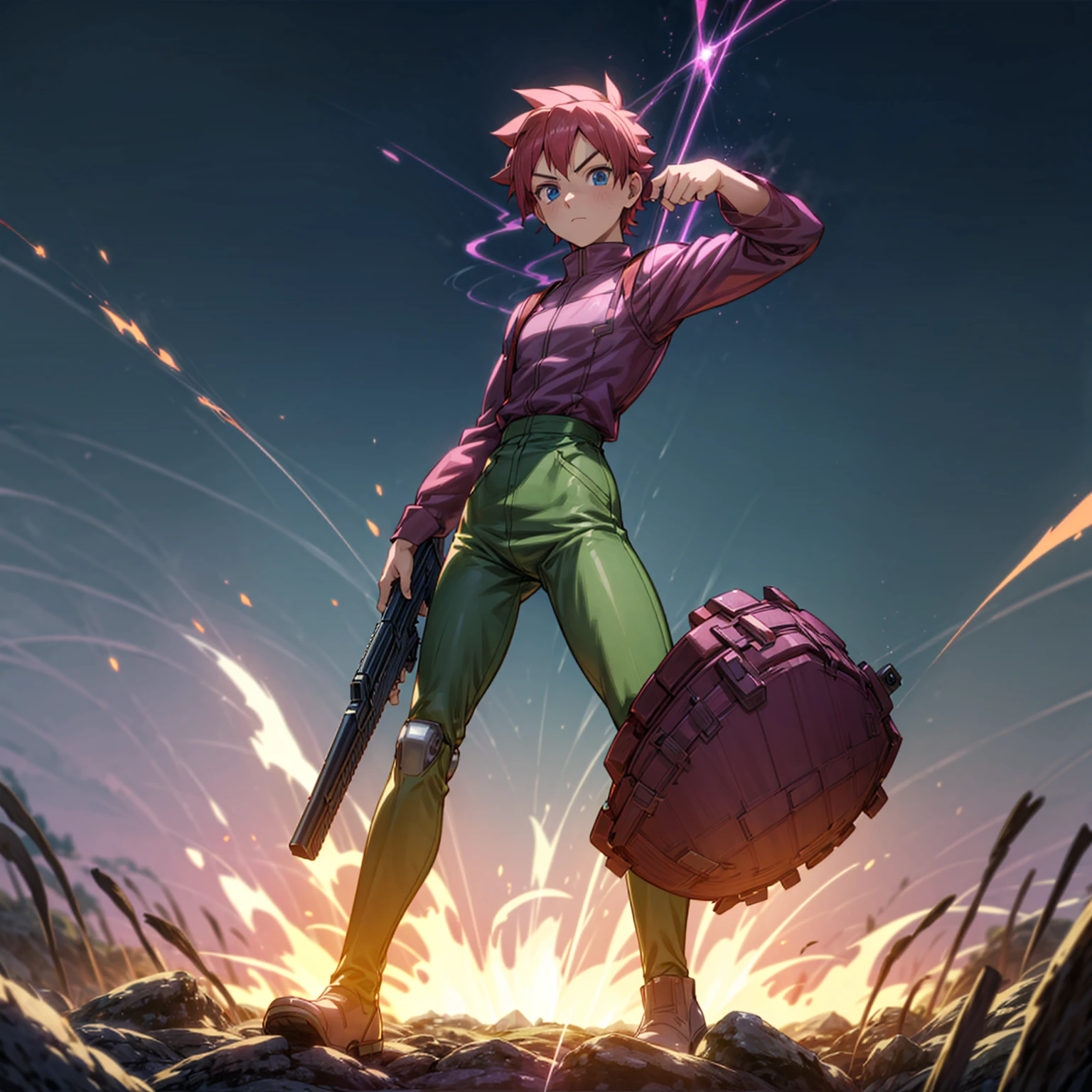 1boy, muscle, Full body version, 1character, blue eyes, short haircut, magenta color hair, Farmer style outfit, Boots, Grassroots, full background in field, motion blur, lighting, (Hunter x Hunter style art), big shotgun in hand, big weapon in hand, robot Shield in hand, smoke effect, fire effect, lighting on gun, plasma effect,