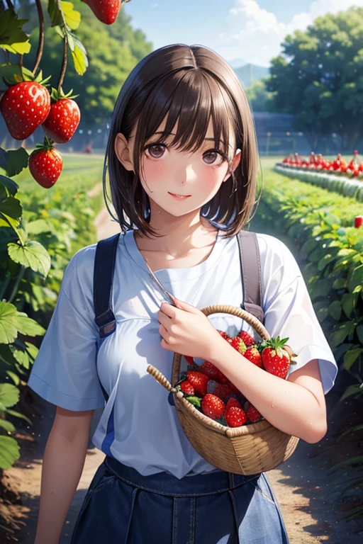anegasaki nene、Shiny brown hair, short hair, (Beautiful brown eyes、Sparkling eyes, Fine grain)、smile、Ultra-detailed eyes、Highly detailed face, Highly detailed eyes,Cowboy Shot、



(masterpiece:1.2, Highest quality),(Realistic, photoRealistic:1.4),1 female,
Highest quality, Ultra-high resolution, (1 girl:1.4), alone,(Upper Body:1.2),  (Realistic:1.4), (Cute Teenage Girls:1.2),
 Red lips,Light_smile,(Short Hair), Wet,  stick out,White shirt with blue collar, Blue shorts,(View your viewers:1.4),
 (彼女の前腕にbasket:1.4),(picking strawberries:1.4), (Strawberry Farm:1.4), (Row of plants:1.4), (Red berry:1.4), Green leaves, sunlight, (basket:1.2), picking,(Pure Eros Face_v1:0.5) 