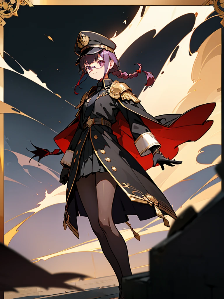 realisitic, City Deserted, Pile of rubble, Brick building, a one woman (18 years old, far away blackw hair, far away slits, Eyes red, glare eyes, 精致的面容, standing (In floor, feet shoulder-width apart), Lolita style military uniform (blackw base, Red Insert, golden decoration, volantes, wide sleeves, dainty and delicate detailing armors), blackw far away gloves (blackw, Red Insert, golden decoration, small hands, armors), blackw far away gloves, knee high boots (blackw, high-heels, red soles), ha (blackw, aba dourada, shield emblem, delicate details), arms in front, Front of belly, Holding military swords with both hands (blackw, golden decoration, delicate detail, Handle at the top, Ground-facing blade, in front of the body, far away), night sky (blackw, stele, Increased flames and smoke) Pale painting style, One Girl, super high quality, Super Detail, Super Detailed image, long hair, looking at viewer, skirt, shirt, hair ornament, violet eyes, gloves, round glasses, long sleeves, hat, closed mouth, jacket, violet hair, braid, open clothes, necktie, black gloves, black skirt, uniform, single braid, open jacket, black jacket, black headwear, 手链, Peaked cap, black necktie, cropped jacket, military hat, pantyhose, Flat Chest, smile, Black Cape
