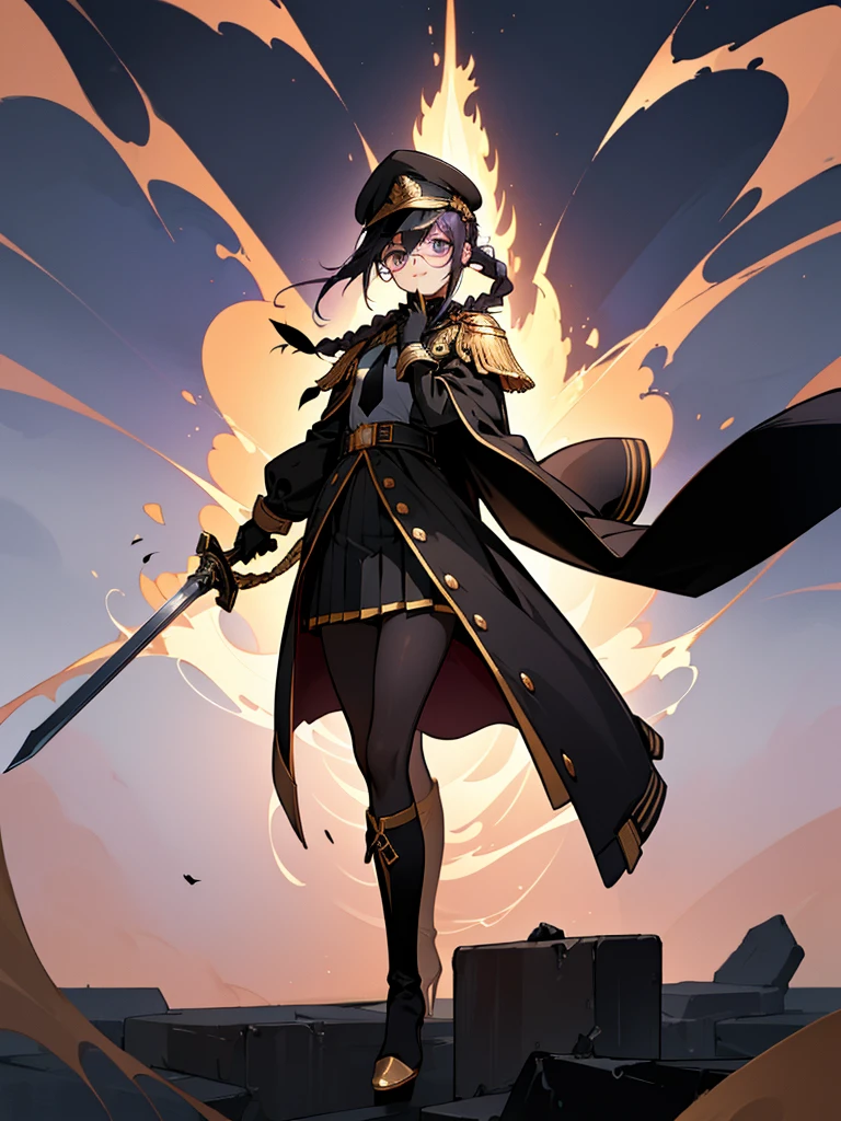 realisitic, City Deserted, Pile of rubble, Brick building, a one woman (18 years old, far away blackw hair, far away slits, Eyes red, glare eyes, 精致的面容, standing (In floor, feet shoulder-width apart), Lolita style military uniform (blackw base, Red Insert, golden decoration, volantes, wide sleeves, dainty and delicate detailing armors), blackw far away gloves (blackw, Red Insert, golden decoration, small hands, armors), blackw far away gloves, knee high boots (blackw, high-heels, red soles), ha (blackw, aba dourada, shield emblem, delicate details), arms in front, Front of belly, Holding military swords with both hands (blackw, golden decoration, delicate detail, Handle at the top, Ground-facing blade, in front of the body, far away), night sky (blackw, stele, Increased flames and smoke) Pale painting style, One Girl, super high quality, Super Detail, Super Detailed image, long hair, looking at viewer, skirt, shirt, hair ornament, violet eyes, gloves, round glasses, long sleeves, hat, closed mouth, jacket, violet hair, braid, open clothes, necktie, black gloves, black skirt, uniform, single braid, open jacket, black jacket, black headwear, 手链, Peaked cap, black necktie, cropped jacket, military hat, pantyhose, Flat Chest, smile, Black Cape