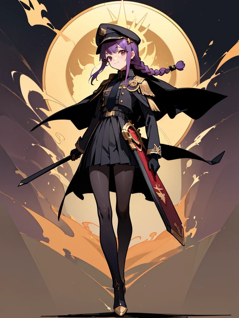 realisitic, City Deserted, Pile of rubble, Brick building, a one woman (18 years old, far away blackw hair, far away slits, Eyes red, glare eyes, 精致的面容, standing (In floor, feet shoulder-width apart), ta style military uniform (blackw base, Red Insert, golden decoration, volantes, wide sleeves, dainty and delicate detailing armors), blackw far away gloves (blackw, Red Insert, golden decoration, small hands, armors), blackw far away gloves, knee high boots (blackw, high-heels, red soles), ha (blackw, aba dourada, shield emblem, delicate details), arms in front, Front of belly, Holding military swords with both hands (blackw, golden decoration, delicate detail, Handle at the top, Ground-facing blade, in front of the body, far away), night sky (blackw, stele, Increased flames and smoke) Pale painting style, One Girl, super high quality, Super Detail, Super Detailed image, long hair, looking at viewer, skirt, shirt, hair ornament, violet eyes, gloves, round glasses, long sleeves, hat, closed mouth, jacket, violet hair, braid, open clothes, necktie, black gloves, black skirt, uniform, single braid, open jacket, black jacket, black headwear, 手链, Peaked cap, black necktie, cropped jacket, military hat, pantyhose, Flat Chest, smile, Black Cape