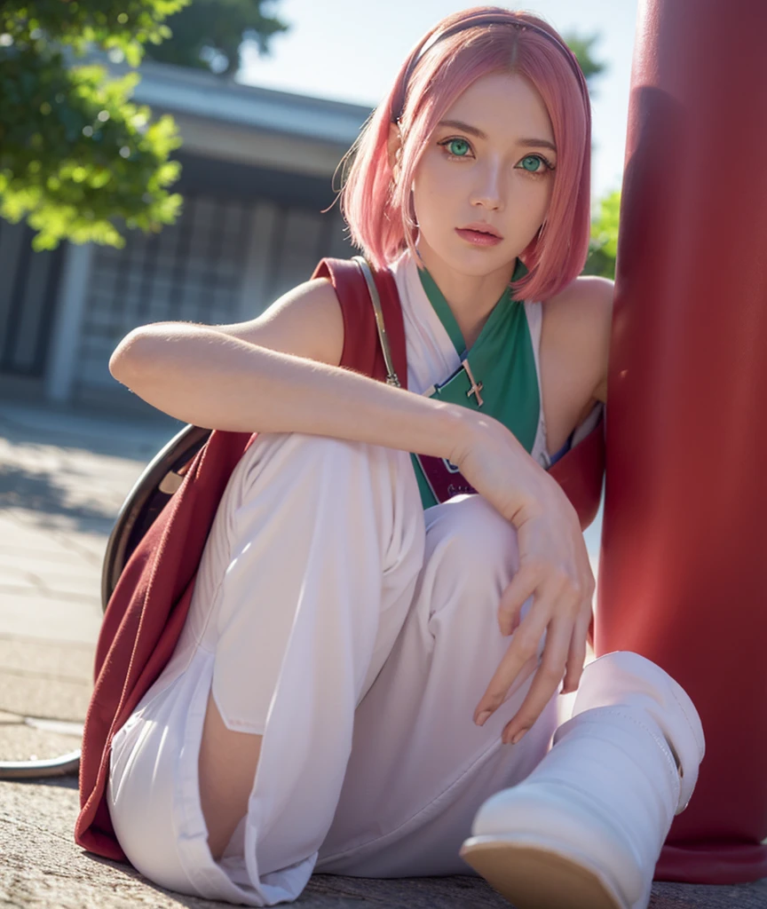 sakuraharuno, sakura uchiha, haruno sakura, short hair, (green eyes:1.5), pink hair, facial mark, forehead mark, hairband,
BREAK jewelry, sleeveless, pants, bracelet, sandals, toeless footwear, white pants, dress, red dress,
BREAK outdoors, city, sun, sky, clouds,
BREAK looking at viewer, (cowboy shot:1.5),
BREAK (masterpiece:1.2), best quality, high resolution, unity 8k wallpaper, (illustration:0.8), (beautiful detailed eyes:1.6), extremely detailed face, perfect lighting, extremely detailed CG, (perfect hands, perfect anatomy),