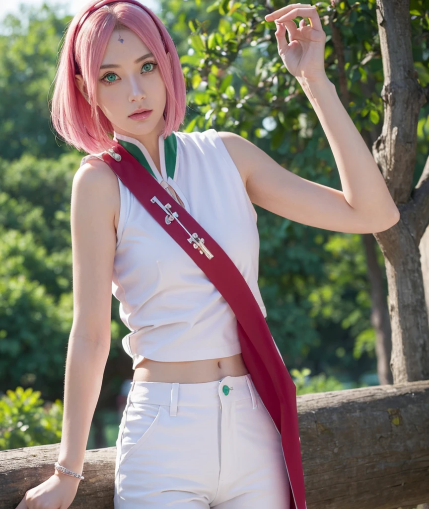 sakuraharuno, sakura uchiha, haruno sakura, short hair, (green eyes:1.5), pink hair, facial mark, forehead mark, hairband,
BREAK jewelry, sleeveless, pants, bracelet, sandals, toeless footwear, white pants, dress, red dress,
BREAK outdoors, city, sun, sky, clouds,
BREAK looking at viewer, (cowboy shot:1.5),
BREAK (masterpiece:1.2), best quality, high resolution, unity 8k wallpaper, (illustration:0.8), (beautiful detailed eyes:1.6), extremely detailed face, perfect lighting, extremely detailed CG, (perfect hands, perfect ),
