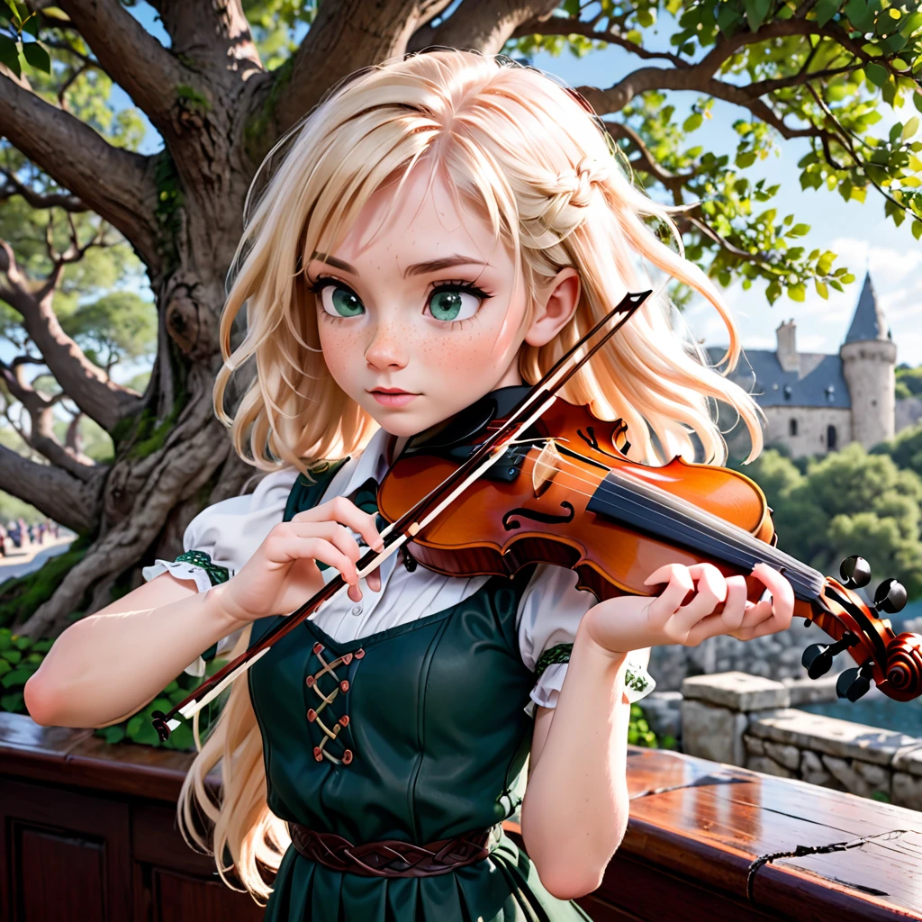 work of art,absurd resolution,8k,1 halfling girl,hair blonde,freckles,Celtic clothing,glad,beautiful hands,at the bar,violin, tree, adventurous, exploring