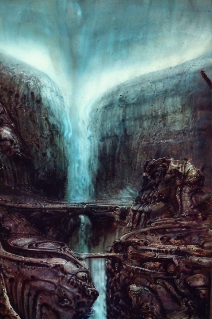 xgiger, The image is a detailed view of H.R. Giger's biomechanical tableau \" island of dead\" plate, featuring
a fantastical cityscape with a large bridge spanning across a canyon. The architecture is intricate and appears to be made of a dark in the transit space aside the cascade of fallen water, appears to be a fusion of organic and mechanical elements, with a focus on the interplay between the two.The piece is a tableau, most likely created with a India ink pen or pencil on paper, determined by the thin lines, shading techniques, and the texture of the paper, which is visible around the edges.
Used is pen, given the shading and variations in line weight visible in the image. Artist have used a variety of stylus with different degrees of hardness to achieve the shading effects.
The use of undersaturated green-grays dark contrasts creates a stark and graphic look. Is used a variety of linework techniques to create different textures. Fine, parallel lines create a smooth, metallic texture,while thicker, more cursive lines suggest cables or wires.
Light source from the top highlights skeletals, pper part of foreground, lower part of image is in shadowupper part of foreground, lower part of image is in shadow.
The art performance showcases the artist’s skills in observation and rendering. The level of detail in the piece suggests a close study of real bone specimens and mechanics. The artist has skillfully used shading techniques to create a convincing illusion of three-dimensionality on a flat surface. The wrinkles and cracks in the surface, and the cast shadows with accuracy, used shading techniques to create a realistic depiction of light and shadow on the objects. This creates a sense of depth and dimension in the image. The artist has used careful linework to depict the contours and textures in the piece
Sharp focus on foreground elements illustration. Deep and delicate DOF. Big painting. Stored in Louvre masterpiece, ooze soaked pajama top