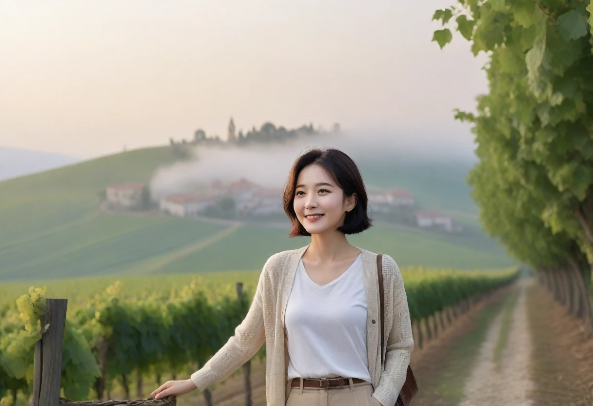 8k best picture quality, Beautiful 36-year-old Korean woman, Chest size 34 inches, Dawn in the northern Italian countryside, View of the cathedral next to the vineyards, The back background is realistic and vivid quality., short medium hair, White shirt and beige cardigan, Wear casual pants, Smile slightly. the background is clear, look up to the side., Looking at vineyards covered in thick fog from a hillside lined with broadleaf trees