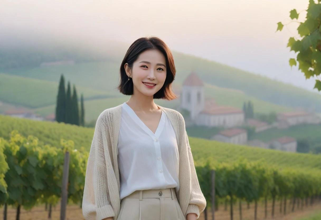 8k best picture quality, Beautiful 36-year-old Korean woman, Chest size 34 inches, Dawn in the northern Italian countryside, View of the cathedral next to the vineyards, The back background is realistic and vivid quality., short medium hair, White shirt and beige cardigan, Wear casual pants, Smile slightly. the background is clear, look up to the side., Looking at vineyards covered in thick fog from a hillside lined with broadleaf trees