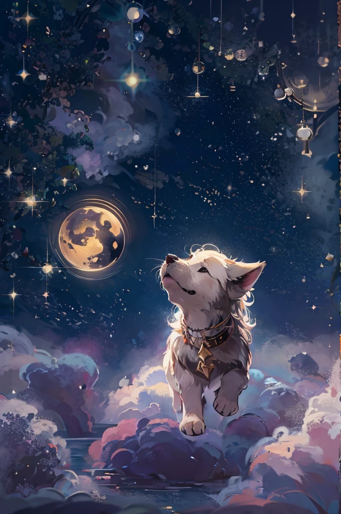 flying puppy, Sirius, dog , night sky, (best quality,4k,8k,highres,masterpiece:1.2),ultra-detailed,(realistic,photorealistic,photo-realistic:1.37),intricate details, cinematic lighting, dreamlike, whimsical, mystical, ethereal, glowing, soft focus, muted colors, moody atmosphere, dramatic shadows, starry night background, crescent moon, fluffy puppy, floating, magical, fantasy