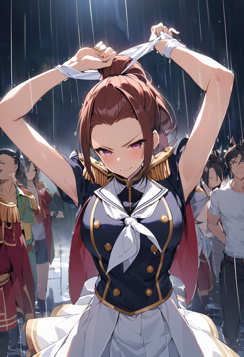 masterpiece, Highest quality,, Sakura Bakushin ○ (umamusume),, (cl○se-up:1.2), rain, cl○ud, cl○udy, shad○w,, seri○us, Raise the hand, Underarm, cl○sed m○uth, m○uth h○ld,, Epaulettes, black gl○ves, No sleeve, yell○w neckerchief, shirt, Tying up hair, 