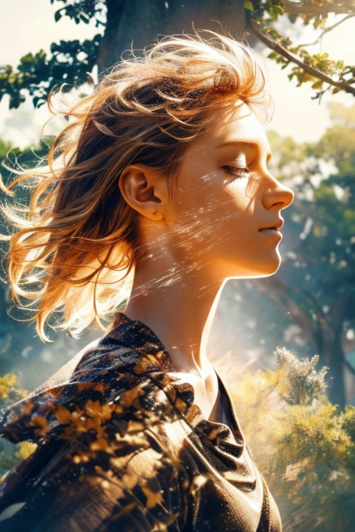 Dark and neutral background, The human head is emphasized, Showing calm and peaceful characteristics. Close your eyes and be in a deep meditative state, A soft glow emanates from within, Illuminating a tree-shaped brain. Amber Tones, orange, And the gold color permeates the image., Increase brightness. Realistic skin texture, hair, The wood gives it a realistic look. Accurate lighting and shadows add depth to your images, Bright, contrasting colors enhance the visual effect. Brush strokes and digital textures add an artistic touch to the tranquil scene. The overall configuration is、It conveys a sense of calm and tension.。