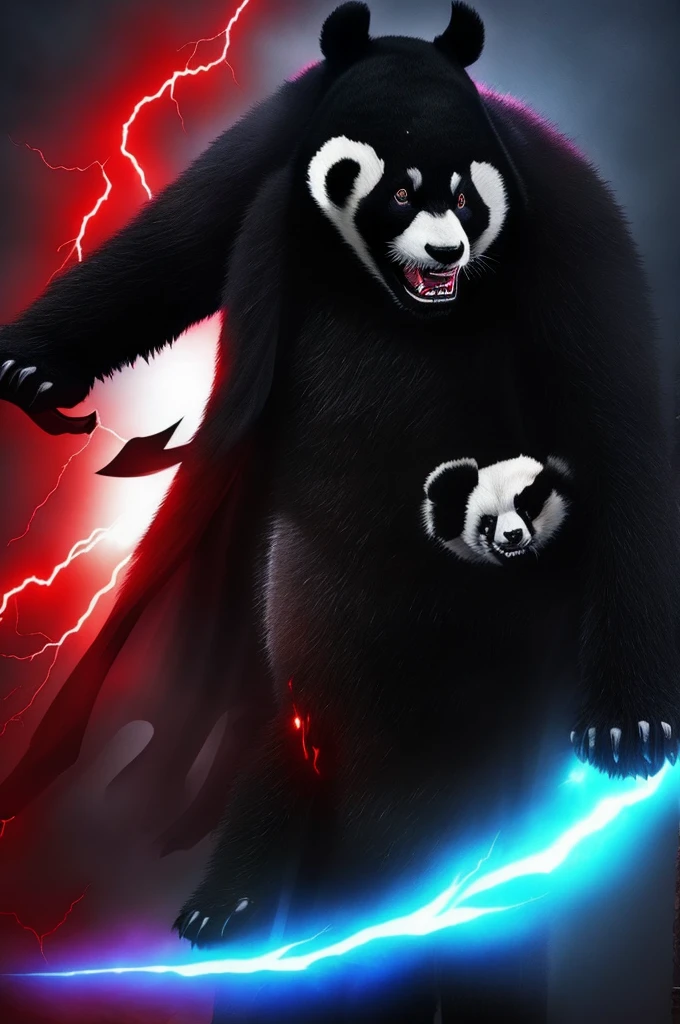 dark panda , muscled body, angry, Sharp teeth and claws, red eyes coming out lightning, dark aspects, grim reaper, high qualiy, horror details