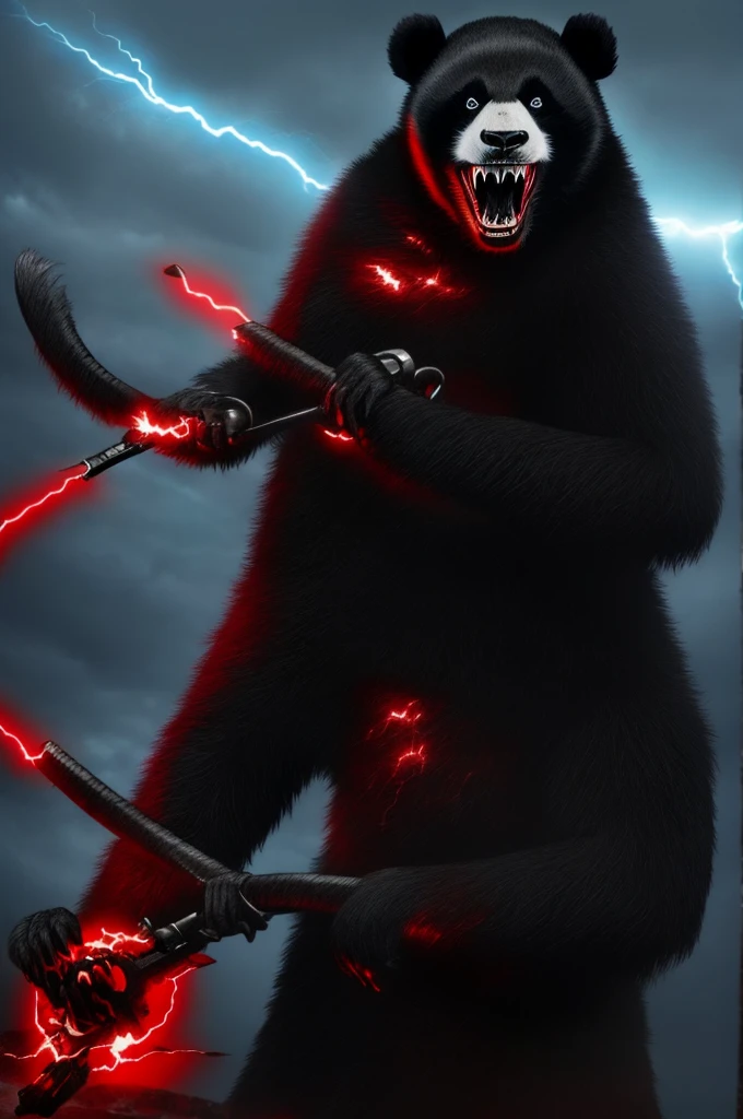 dark panda , muscled body, angry, Sharp teeth and claws, red eyes coming out lightning, dark aspects, grim reaper, high qualiy, horror details