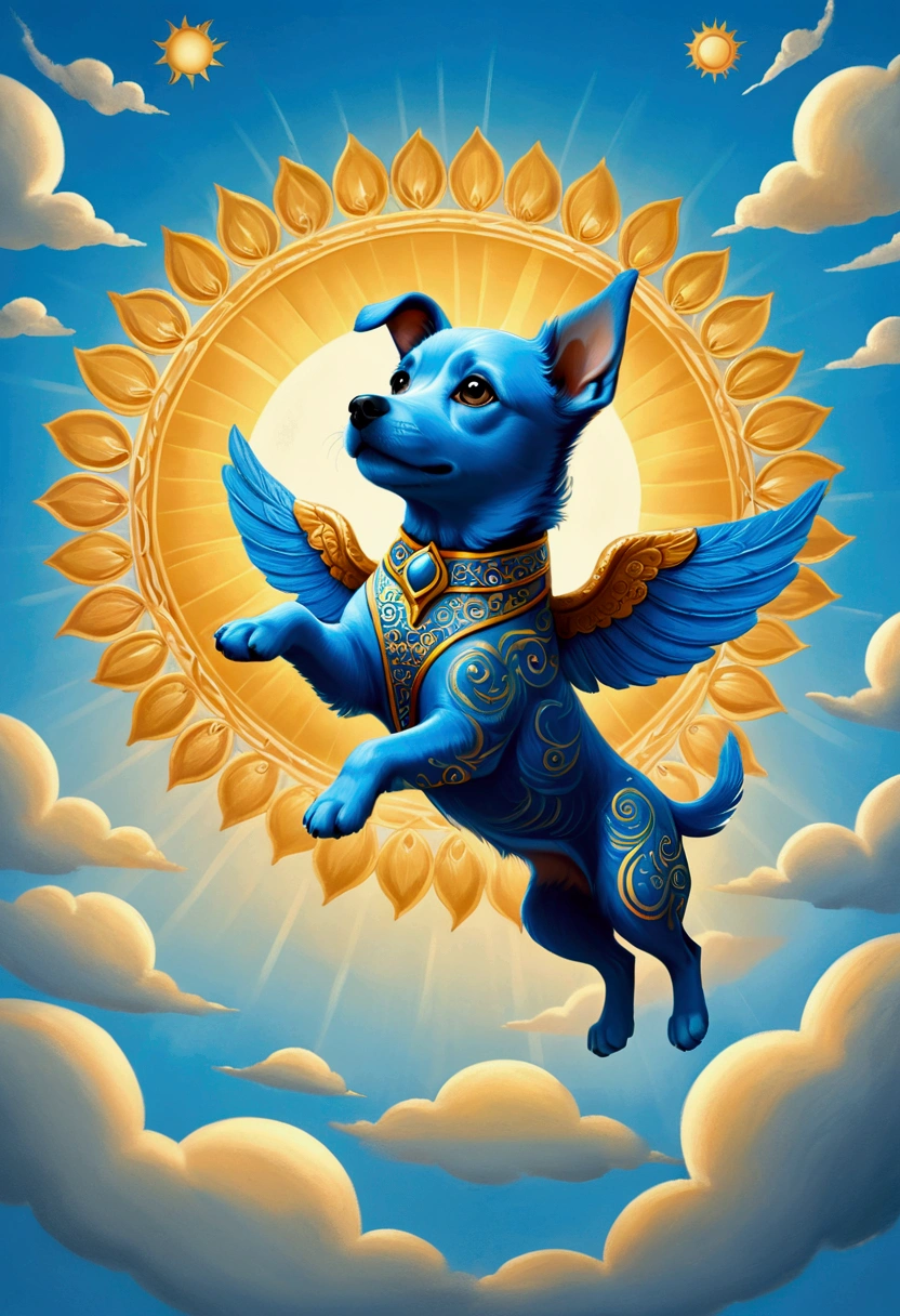 (Flying Puppy), sky, in Folk Art style, featuring (sky blue and sun gold) traditional motifs, full body, award-winning, cinematic still, emotional, vignette, dynamic, vivid, (masterpiece, best quality, Professional, perfect composition, very aesthetic, absurdres, ultra-detailed, intricate details:1.3)​