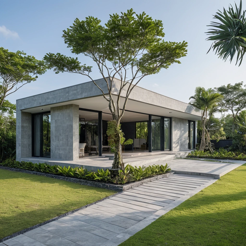 Photo brute,head of'artwork, High quality, best quality, authentique, great detail,
Outside, En plein air, house, Nhamainhat, aiaigroup sur le jardin tropical, Ligne minimaliste,honreyvilla, style moderne, gray tile roof brick yard,grass,tropical trees, sky, (jour:1.1),Arrière-plan du jardin tropical