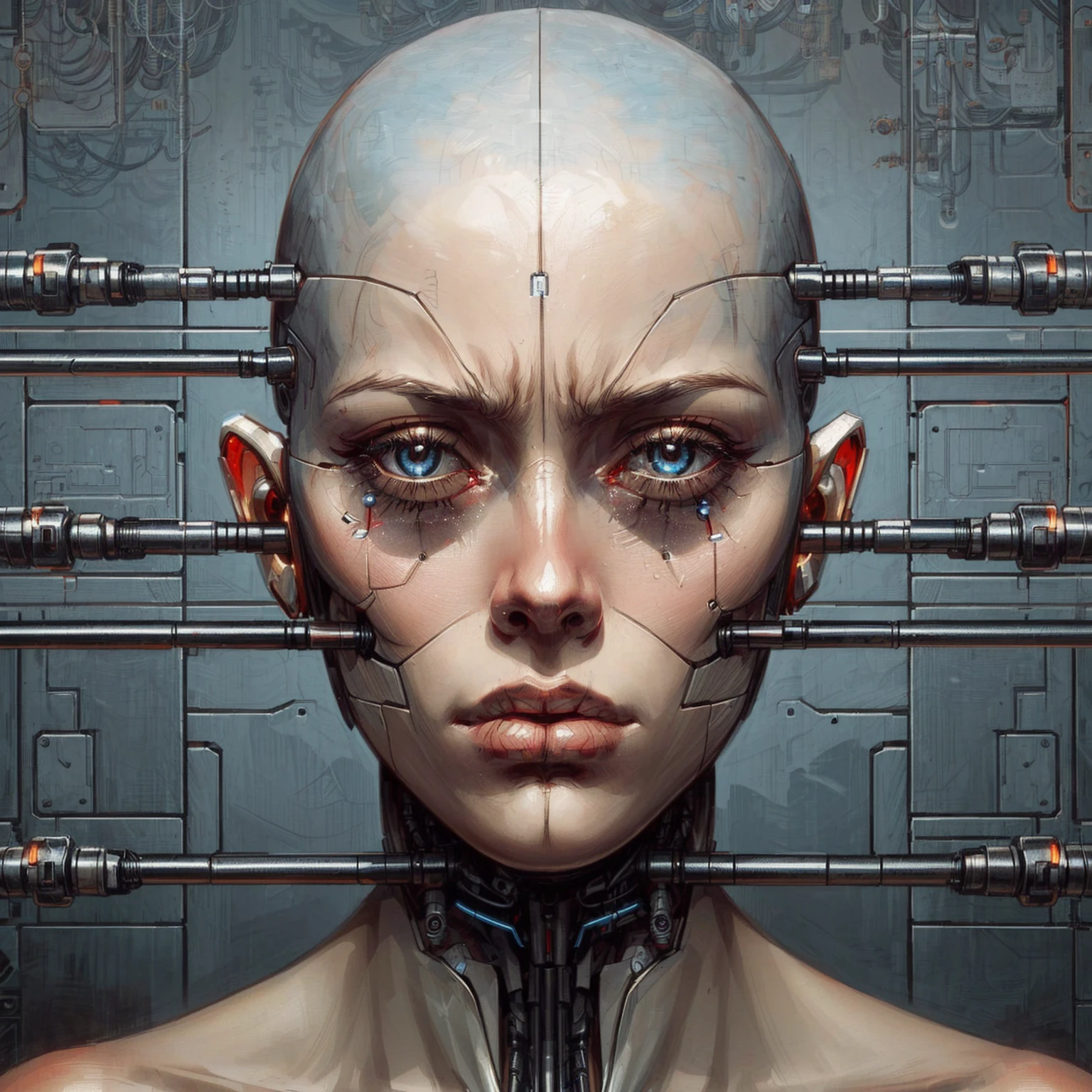 there is a woman with a bald head and a face of a robot, (sad expression, tears), symmetry!! portrait of cyborg, symmetrical portrait scifi, detailed portrait of a cyborg, portrait of a cyborg, cyborg portrait, symmetry! futuristic robotic, cyborg - girl, intricate transhuman, cyborg girl, cyborg woman, portrait of a cyberpunk machine, translucid. biomechanical cyborg