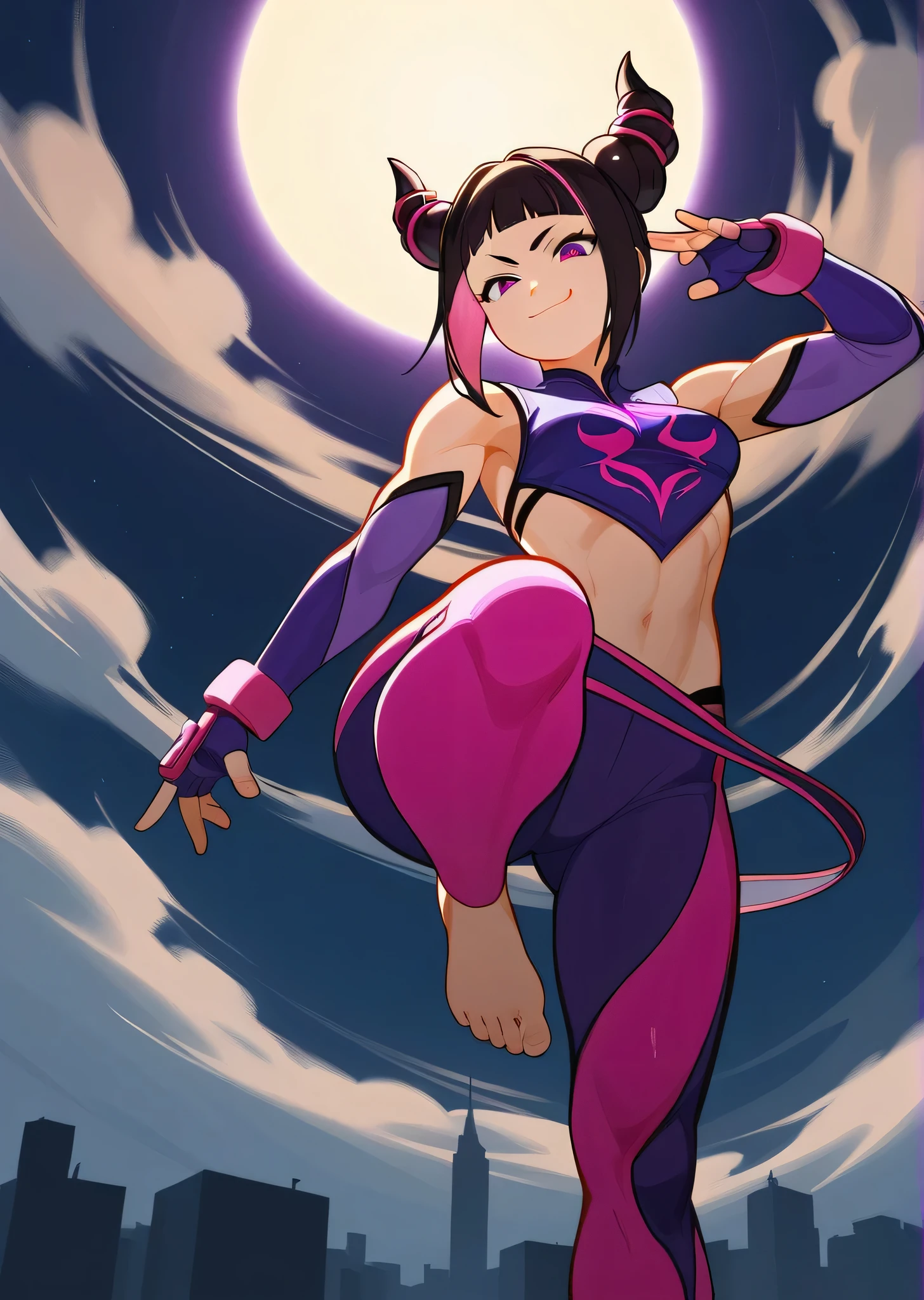 [juri], [SFVI], [street fighter 6], ((masterpiece)), ((HD)), ((high res)), ((solo portrait)), ((waist up)), ((low angle view)), ((foot focus)), ((cartoon aethsthetic)), ((detailed shading)), ((cinematic lighting)), {(beautiful woman), (short black hair), (two-toned hair), (pink highlights in hair), [hair horns], (cute purple eye), (cute cyan eye), (heterochromia), (short eyelashes), (small breasts), (toned figure), (curvy hips), (cute soft feet), (devilish grin)}, {(purple yoga pants), (toeless stirrup socks), (purple fingerless gloves)}, {(squatting), (looking at viewer)}, [ambient lighting, alley, starry sky, light rays]