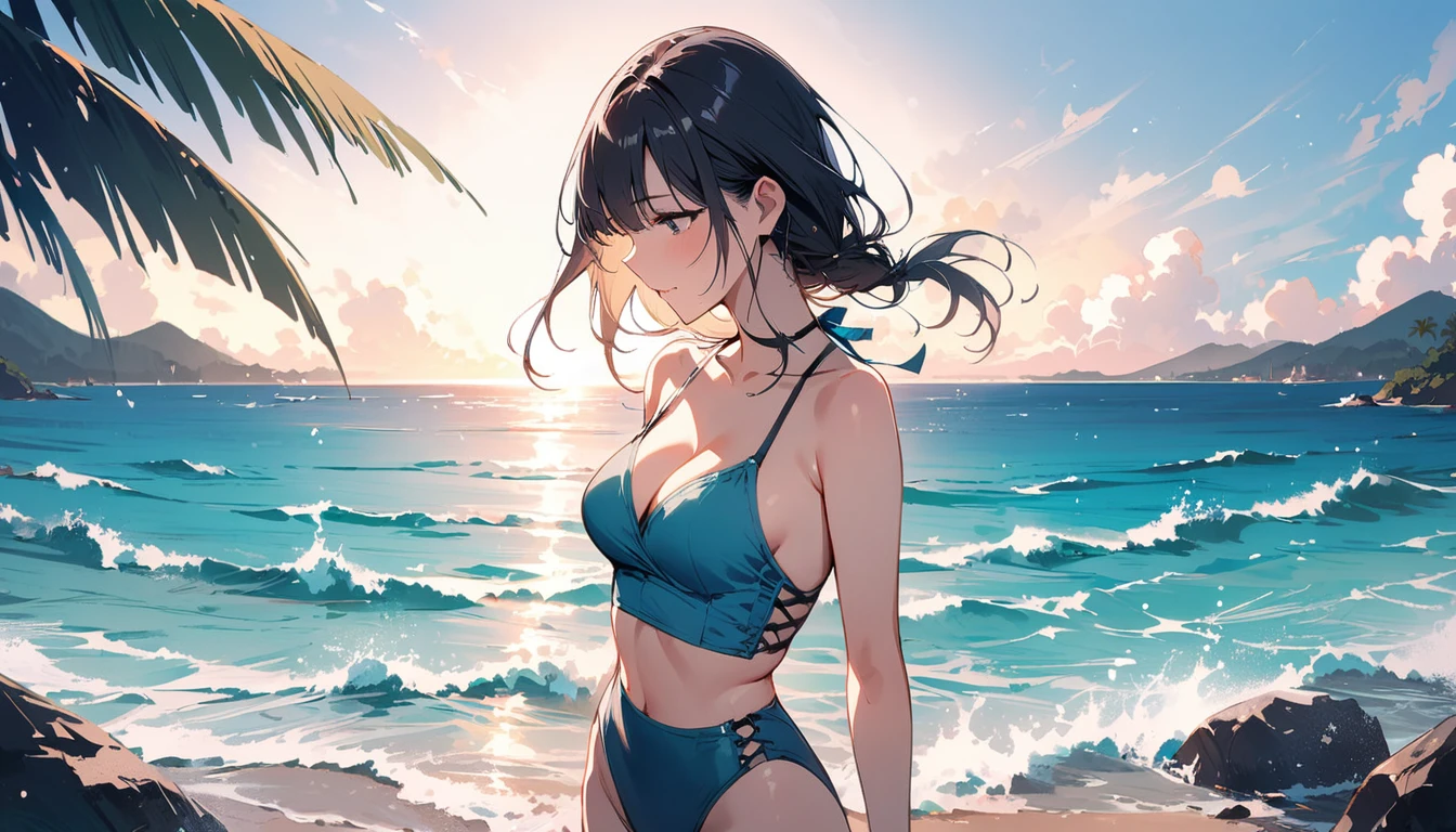 (masterpiece, Highest quality:1.2), 1 Girl, alone,Eyes open,Tropical atmosphere,Ocean,Swimwear