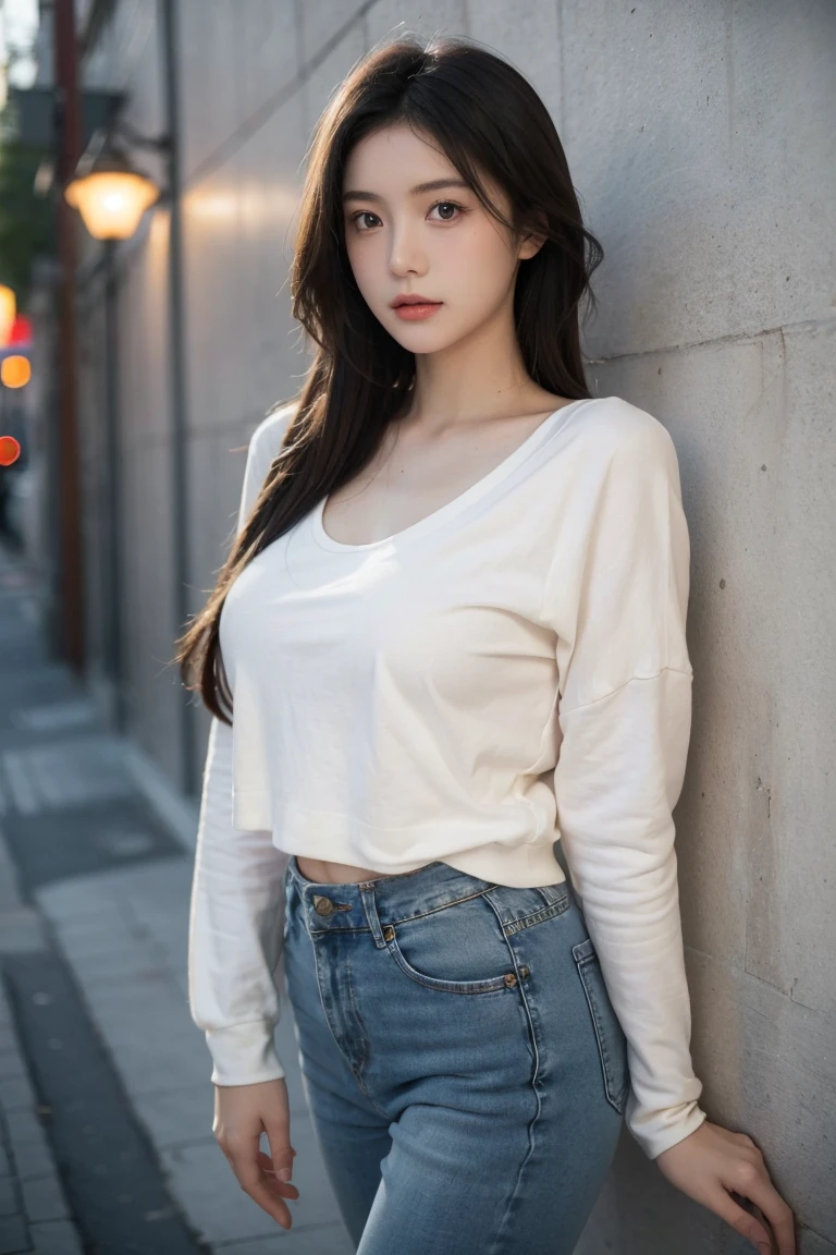 HD, retina, masterpiece, precise, anatomically correct, textured skin, super detail, high detail, high quality, Awards, best quality, mackerel, 4K, a Japanese girl, 20 years old, sexy, blushing, long black hair, brown almond-shaped eyes, big round breasts, cleavage, wearing stylish high-waisted jeans folded at the cuffs and a sleek black oversized sweatshirt, standing with her back slightly arched against a textured wall, soft, natural lighting from a nearby window or ambient street light creating a subtle play of light and shadow, depth of field, professional camera lens with a 50mm lens to highlight intricate details and the relaxed setting, ((half-body shot)), (casual)), confident and fashionable mood, posing with one hand resting casually on the wall and the other tucked into her pocket, head slightly turned towards the camera with a captivating expression, central composition, minimalistic backdrop emphasizing the clean lines of her outfit and the m ern urban vibe ofthe scene