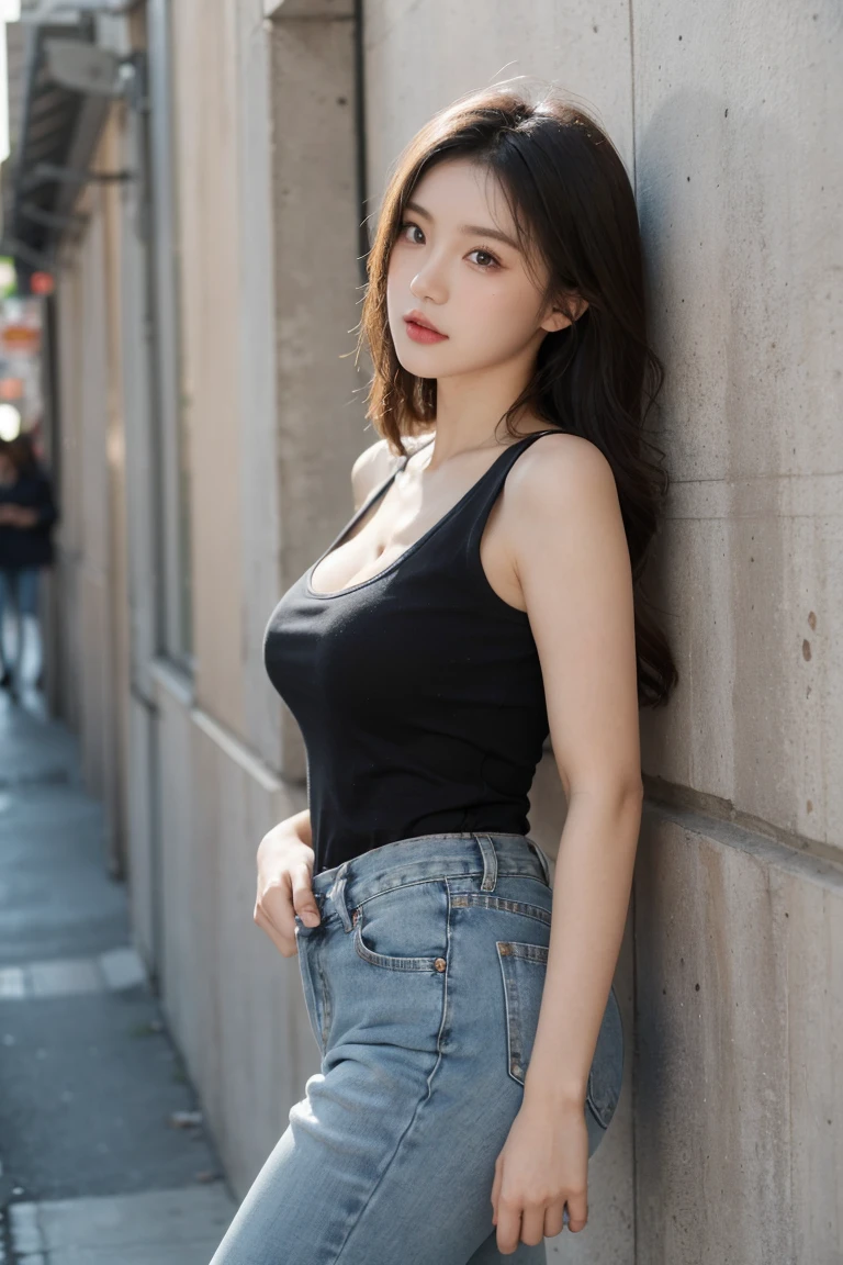 HD, retina, masterpiece, precise, anatomically correct, textured skin, super detail, high detail, high quality, Awards, best quality, mackerel, 4K, a Japanese girl, 20 years old, sexy, blushing, long black hair, brown almond-shaped eyes, big round breasts, cleavage, wearing stylish high-waisted jeans folded at the cuffs and a sleek black oversized sweatshirt, standing with her back slightly arched against a textured wall, soft, natural lighting from a nearby window or ambient street light creating a subtle play of light and shadow, depth of field, professional camera lens with a 50mm lens to highlight intricate details and the relaxed setting, ((half-body shot)), (casual)), confident and fashionable mood, posing with one hand resting casually on the wall and the other tucked into her pocket, head slightly turned towards the camera with a captivating expression, central composition, minimalistic backdrop emphasizing the clean lines of her outfit and the m ern urban vibe ofthe scene