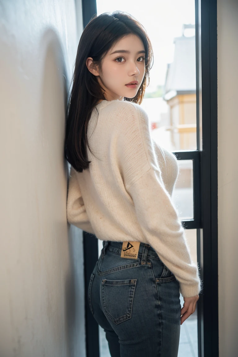HD, retina, masterpiece, precise, anatomically correct, textured skin, super detail, high detail, high quality, Awards, best quality, mackerel, 4K, a Japanese girl, 20 years old, sexy, blushing, long black hair, brown almond-shaped eyes, big round breasts, cleavage, wearing stylish high-waisted jeans folded at the cuffs and a sleek black oversized sweatshirt, standing with her back slightly arched against a textured wall, soft, natural lighting from a nearby window or ambient street light creating a subtle play of light and shadow, depth of field, professional camera lens with a 50mm lens to highlight intricate details and the relaxed setting, ((half-body shot)), (casual)), confident and fashionable mood, posing with one hand resting casually on the wall and the other tucked into her pocket, head slightly turned towards the camera with a captivating expression, central composition, minimalistic backdrop emphasizing the clean lines of her outfit and the m ern urban vibe ofthe scene