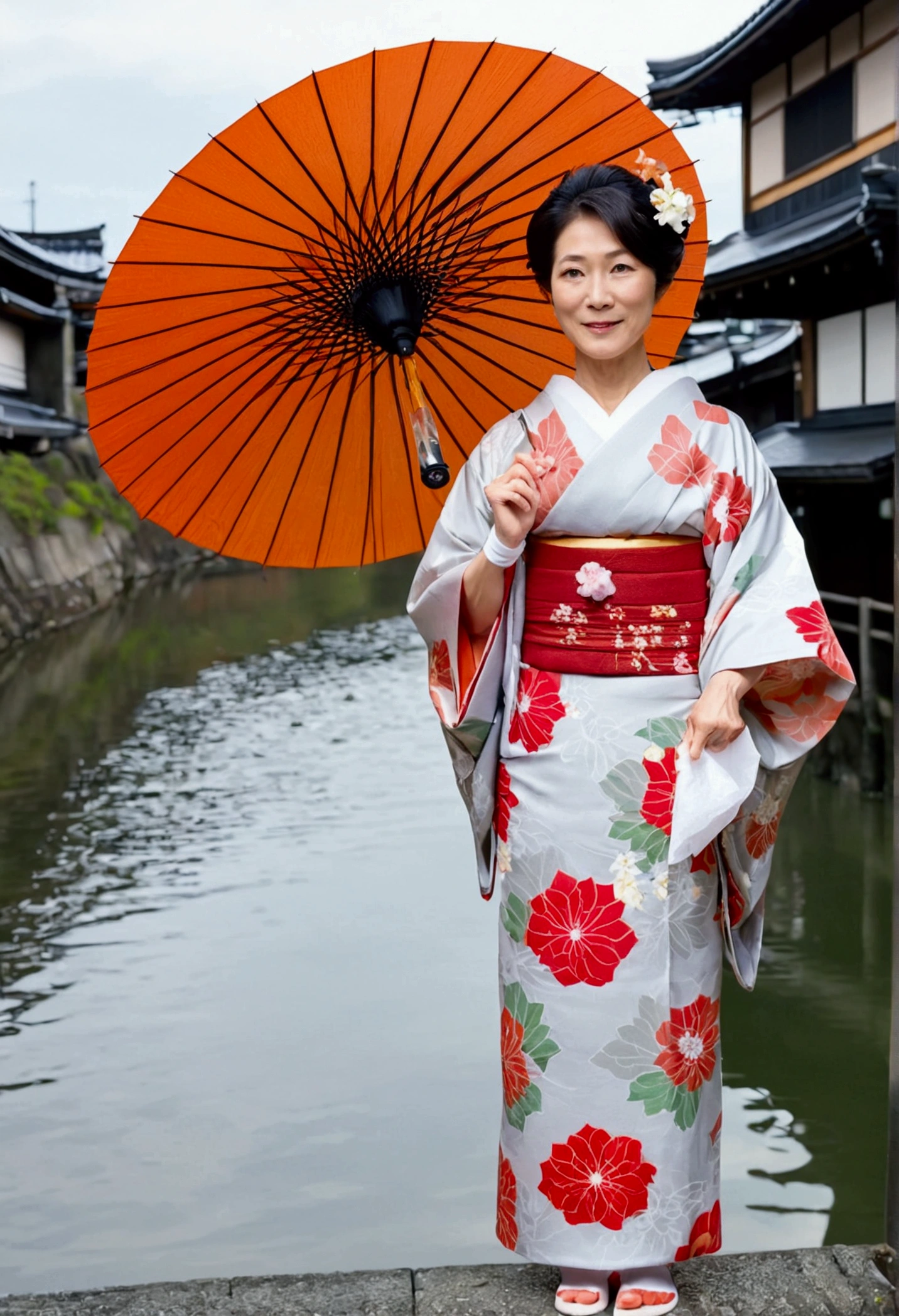 A beautiful and elegant middle-aged Japanese woman. Wearing an exquisite and elegant noble kimono, white socks and flip-flops. She is holding an oil paper umbrella. Appeared in scenes all over Osaka, Japan. Kyoto. Gion.Kamo River. Her appearance resembles Sayuri Ishikawa.