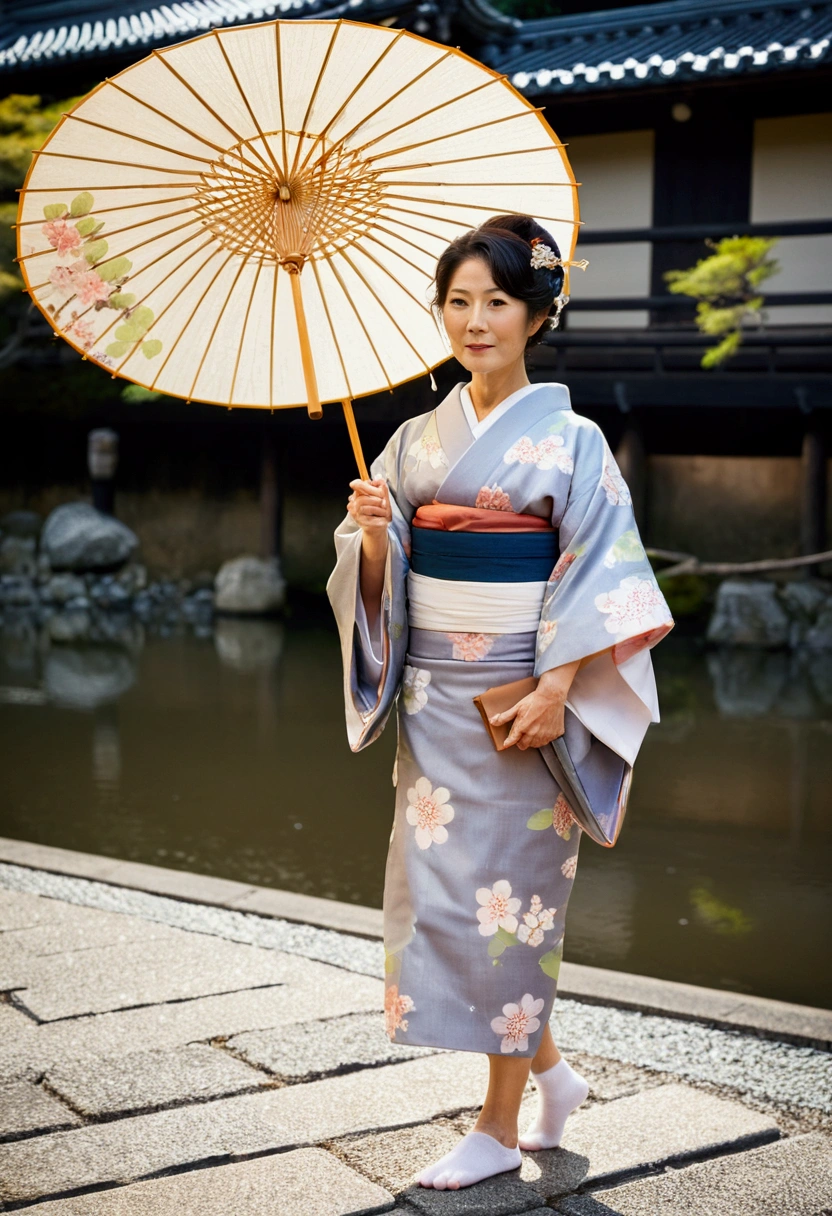 A beautiful and elegant middle-aged Japanese woman. Wearing an exquisite and elegant noble kimono, white socks and flip-flops. She is holding an oil paper umbrella. Appeared in scenes all over Osaka, Japan. Kyoto. Gion.Kamo River. Her appearance resembles Sayuri Ishikawa.