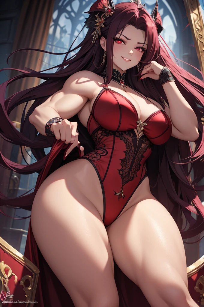 A beautiful evil lady leader with deep red eyes, wearing sexy panties, gazing condescendingly at the viewer with a cute grinning expression, extremely detailed and realistic, masterpiece quality, ultra-detailed, HDR, studio lighting, vivid colors, physically-based rendering, thick muscular thighs, beautiful muscular thighs, very strong wrestler
