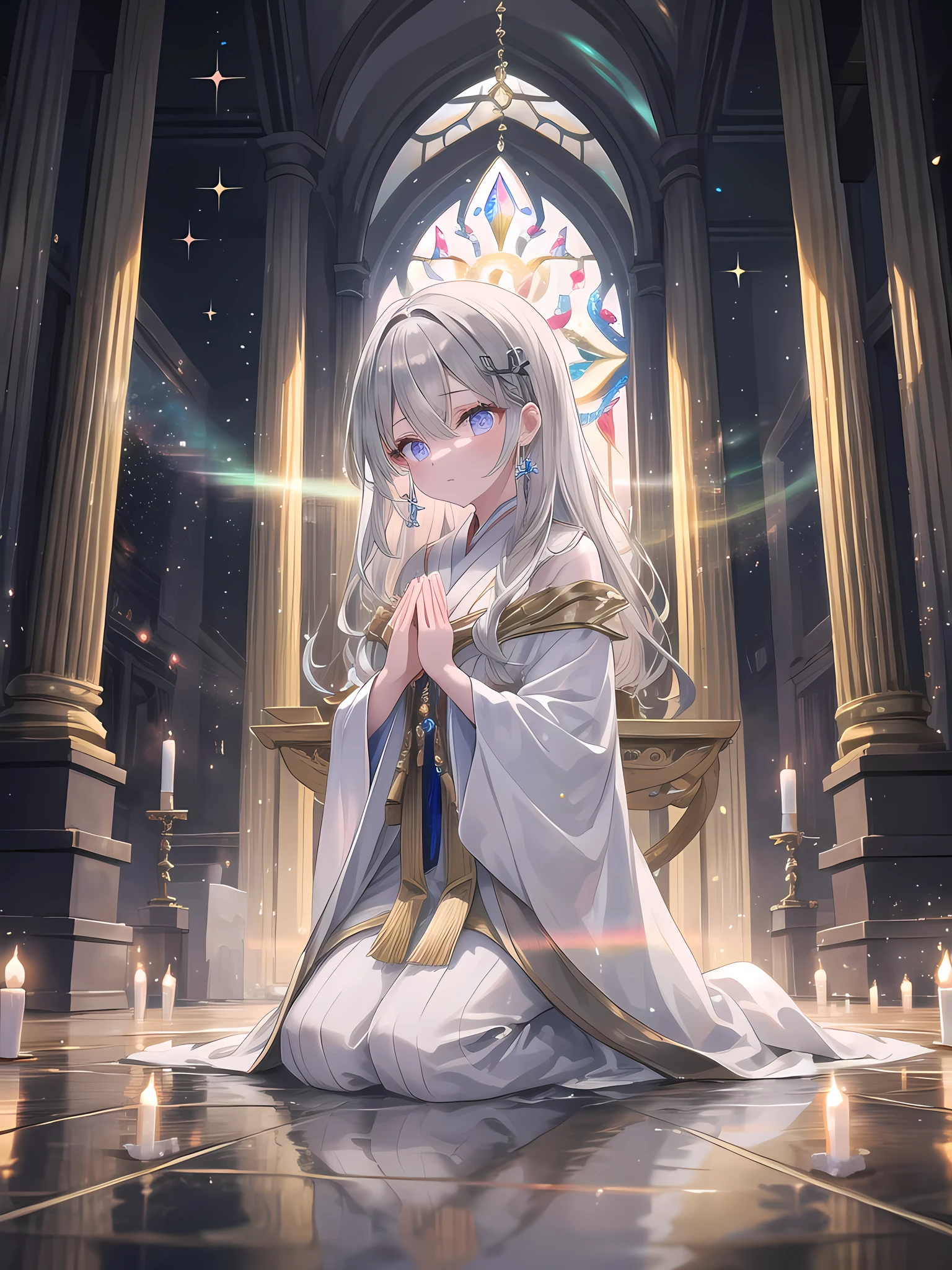 ((8k, best quality, master piece: 1.3)),super high resolution,(1 girl, solo), (colorshift eyes, hyperdetailed, expressive sparkling, glitter, glowing eyes), ultra detailed eyes, ultra-detailed face, random hair, ((silver gray color)),A silver-haired woman prays in an ancient temple, wearing a sacred robe embroidered with white and gold, with a majestic stone temple and altar in the background. She kneels before the altar, a silver sacred ring shining on her hand. Magical light emanates from the altar, illuminating the entire temple. Her long wavy silver hair shines in the light of the temple, and her skin has a glossy texture. Her eyes are a mysterious purple, and her eyes, filled with magical power, show the depth of her prayer. Her figure praying is pious, and is depicted as one with the majestic background of the temple, creating a sacred atmosphere. A dazzling scene with crystal light reflections creating a prismatic effect. The light passes through and refracts in various directions, casting colorful spots and highlights throughout the image. The main subject is bathed in soft, ethereal light that enhances their features and adds a mystical touch.