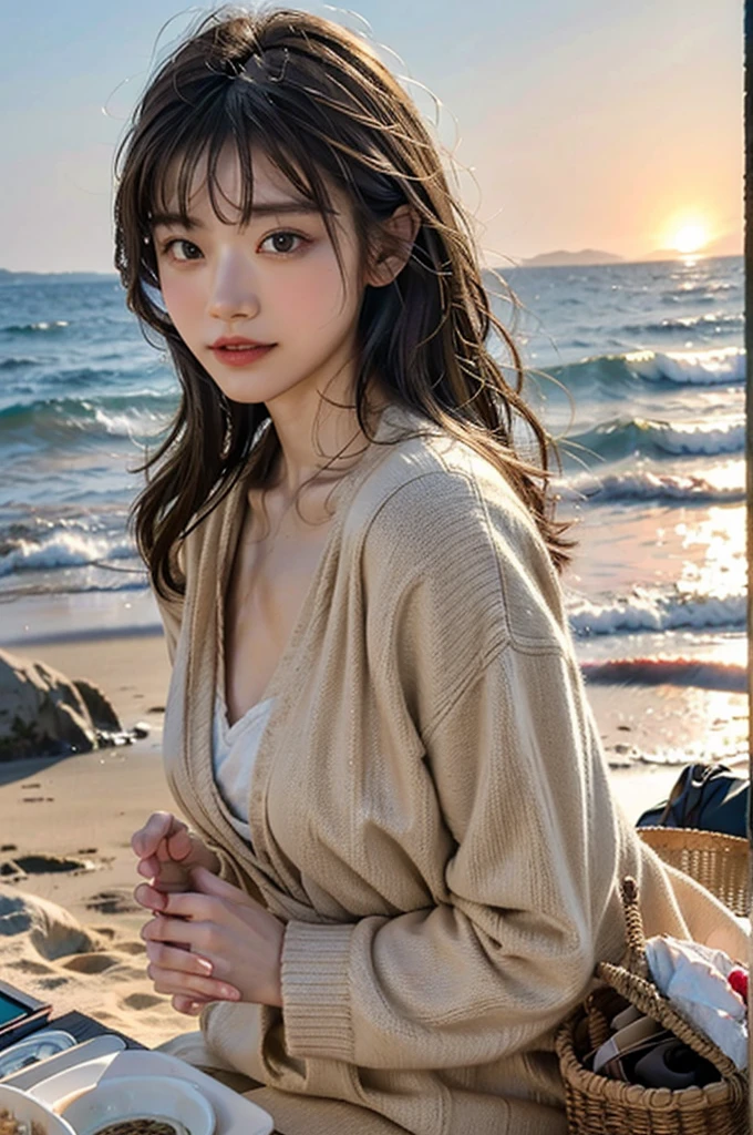 ((Best quality)), ((masterpiece)), (detailed), 1 girl, 1 guy, sea shore, sand, a picnic, aesthetics, sunset, romance, muffled light.
