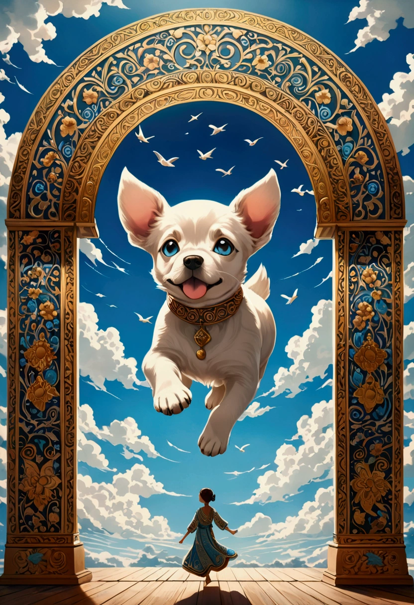 (Flying Puppy), sky, in Folk Art style, featuring (sky blue and clouds white) traditional motifs, full body, award-winning, cinematic still, emotional, vignette, dynamic, vivid, (masterpiece, best quality, Professional, perfect composition, very aesthetic, absurdres, ultra-detailed, intricate details:1.3)