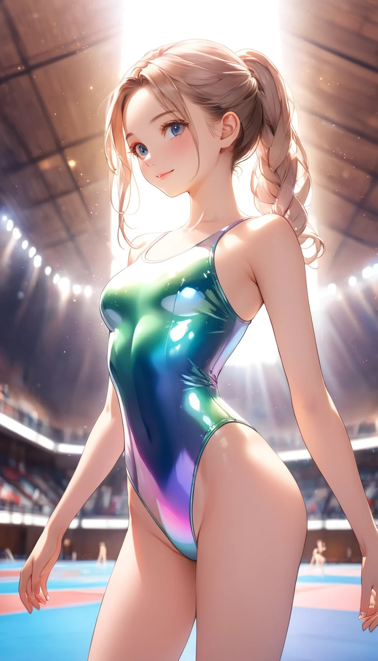 highquality illustration, masterpiece, very delicate and beautiful, attractive girl,(gymnastics leotard,long sleeve leotard with glittery decoration,high_leg leotard,athletic leotard,tight-fit leotard,iridescent gradient leotard,long-sleeve leotard),thin,slender body,slim,high school,gymnasium background,gymnastics club,gymnastics athlete,princess, beautiful eyes,light smile,(masterpiece, best quality:1.2), highres, extremely detailed CG unity 8k wallpaper, perfect lighting, Colourful, ultra-high res,4K,ultra-detailed, photography, 8K, HDR, 17 ages,cowboy shot,