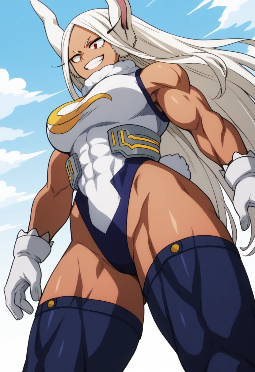 Score_9, score_8_up, score_7_up, source_anime, from below, solo, 1girl, rumi usagiyama, long hair, animal ears, white hair, dark skin, rabbit ears, dark-skinned female, muscular, rabbit girl, muscular female, red eyes, parted bangs,thighhighs, gloves, sleeveless, white gloves, leotard, turtleneck, highleg, highleg leotard, fur collar, sleeveless turtleneck, turtleneck leotard, sleeveless turtleneck leotard, crescent print,smile