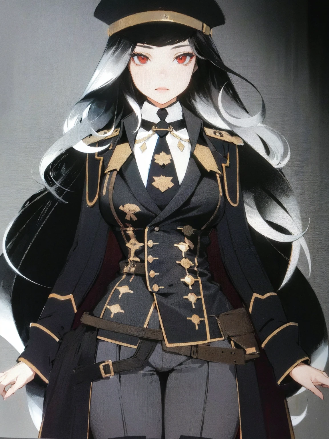 She is a military general, her hair is black and white, it is mix with curly and straight hair, add in some red streaks.