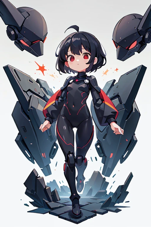 Primary school students ,Young Girl,,Height: 130cm,Character portrait,Simple design,Black hair okata,Hair is black,Red eyes,Shoulder Bare,Ahoge,Kokeshi,Deformation,Mini character,Confused eyes,Pitch Resuit,Perfect Suit,Perfect costume,Yoga Suit,Robot Joint , Robot shoulder,Plug Suit,Spacesuit,Full body illustration
