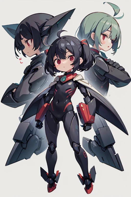 Primary school students ,Young Girl,,Height: 130cm,Character portrait,Simple design,Black hair okata,Hair is black,Red eyes,Shoulder Bare,Ahoge,Kokeshi,Deformation,Mini character,Confused eyes,Pitch Resuit,Perfect Suit,Perfect costume,Yoga Suit,Robot Joint , Robot shoulder,Plug Suit,Spacesuit,Full body illustration